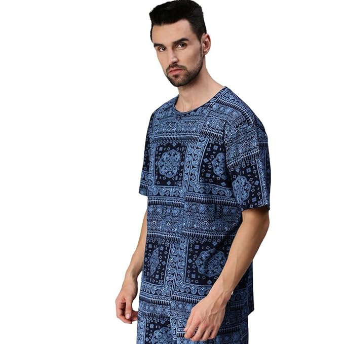 Pure Cotton Oversized Loose Baggy Fit Drop Shoulder Round Neck All Over Paisley Bandana Printed Half Sleeves T-Shirt for Men