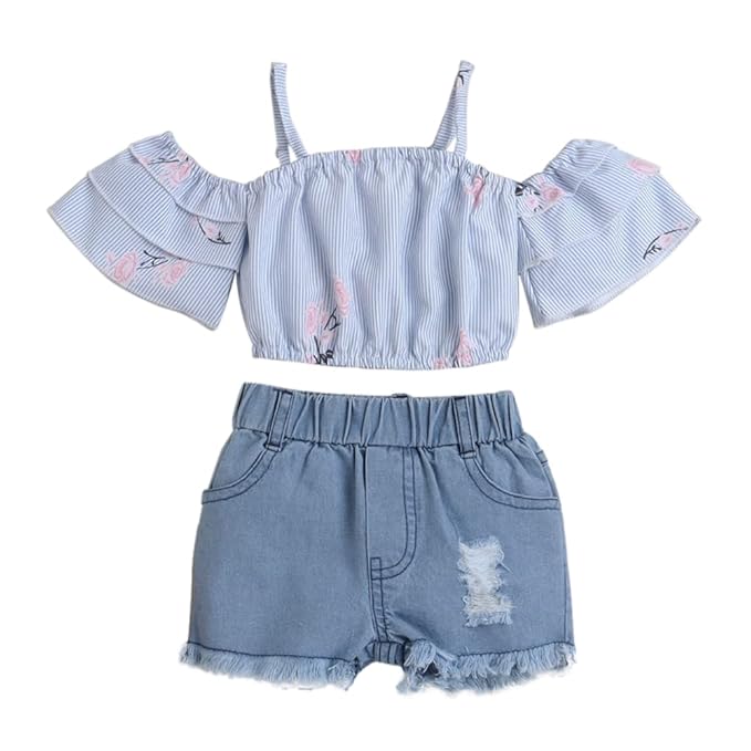 Girl's Cotton Printed Stripe Print Blouse And Shorts Set