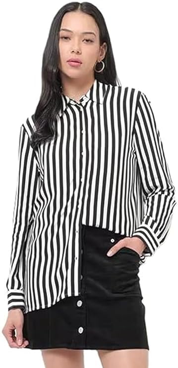 Cotton Oversized Comfort Striped Spread Collar Long Sleeves Casual Shirt for Women's