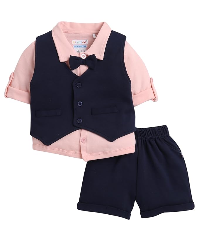 Navy & Peach Boys Half Sleeves Shirt Waistcoat & Short Set with Applique Bow