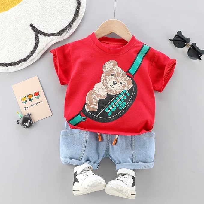 Boy's Cotton Printed T-shirt with Denim Shorts Set in Red Color