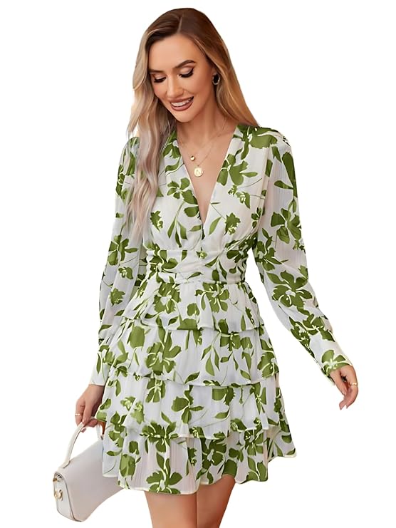 Women Above The Knee Dress,One Piece Floral Printes Long Sleeve,
