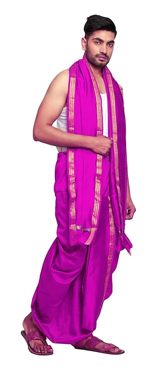 Dhoti for Men, Velcro Style Stitched Mens Silk Dhoti Pant with Stole Set