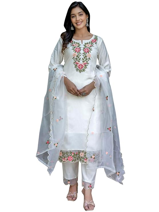 Women's Embroidered Silk Blend Straight Kurta Trouser Pant Set with Dupatta | Ethnic Casual Kurti Set for Women