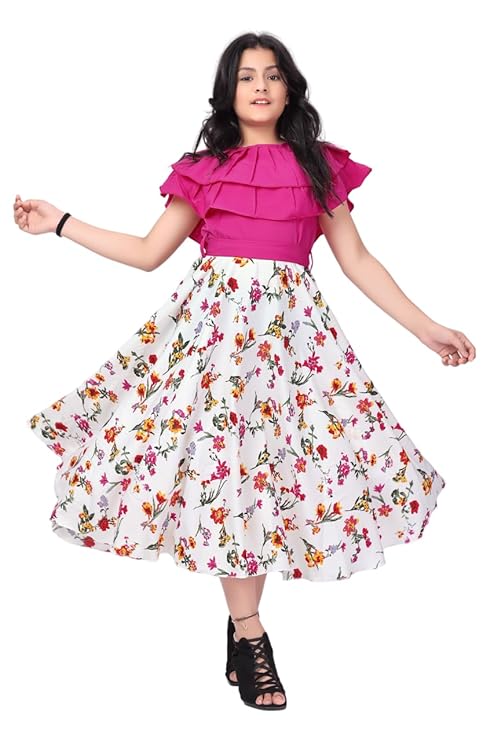 Girl's Ruffle Neck Printed Midi Length Dresses