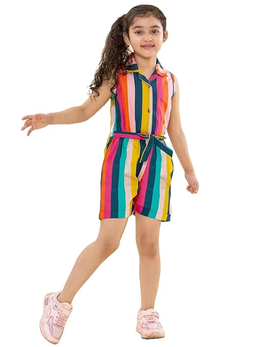 Girls Striped Cotton Waist Tie-Ups Sleeveless Jumpsuit…