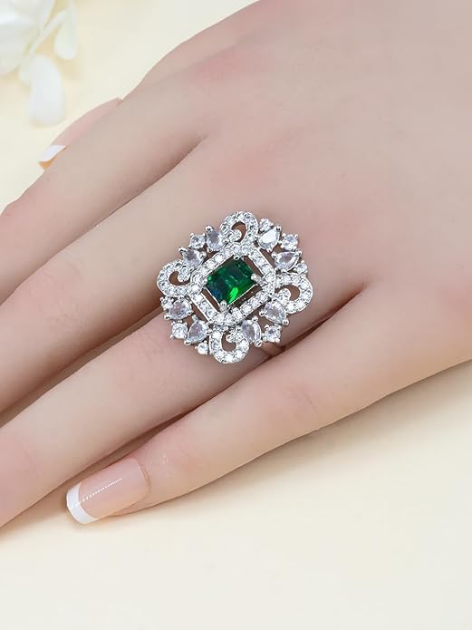 Rhodium Plated American Diamond Adjustable Finger Ring | Stylish Green Bollywood AD Studded Ring For Women | For Party Look Ring For Women