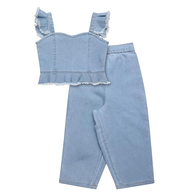 Girl's Denim Solid Top And Trouser Co-Ords Set Dress