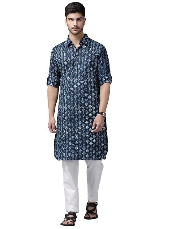Indigo Blue & White Cotton Regular Fit Printed Kurta Set Shirt Collar