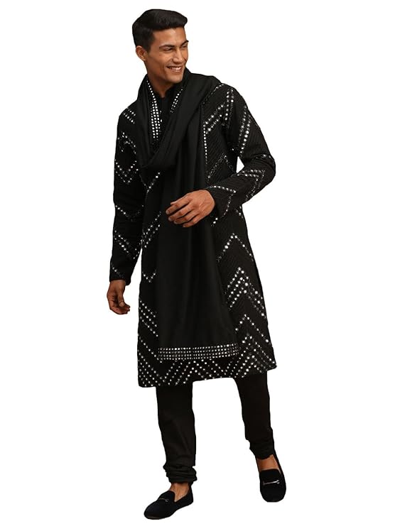 Men's Black Georgette Kurta and Pyjama Set | Mirror work
