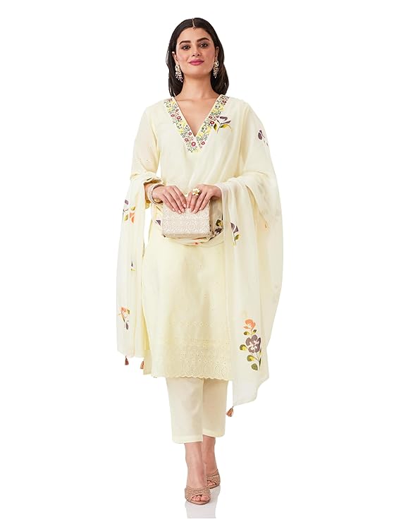 Women's Embroidered Cotton Kurta Pant Set with Dupatta