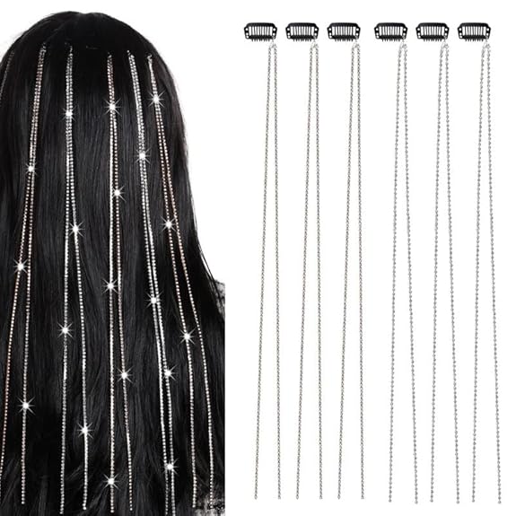 6 Pcs Premium Hair Jewelry for Braids Rhinestone Hair Chains Clips In Bling Long Tassel Hair Charms Extension Accessories for Women Girls Rave Festival Hairstyle