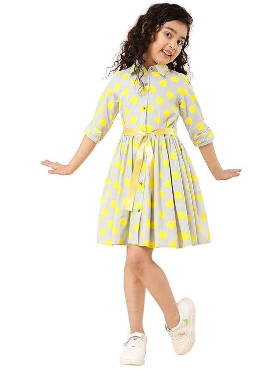Girls Off White Polka Dot Cotton Knee Length Shirt Dress | Full Sleeve Collar Neck Dress