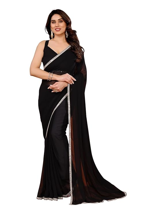 FASHION WITH RF Women's Plain Georgette Sarees For Girls College Farewell & With Mirror Work Lace Border & Unstitched Blouse Material