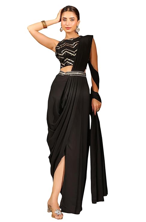 Women's Black Georgette Sequined Ready To Wear Belted Saree With Blouse