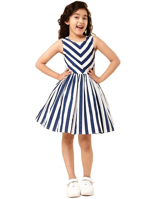 Girls Navy Stripe Sleeveless Fit and Flare Knee Length Dress