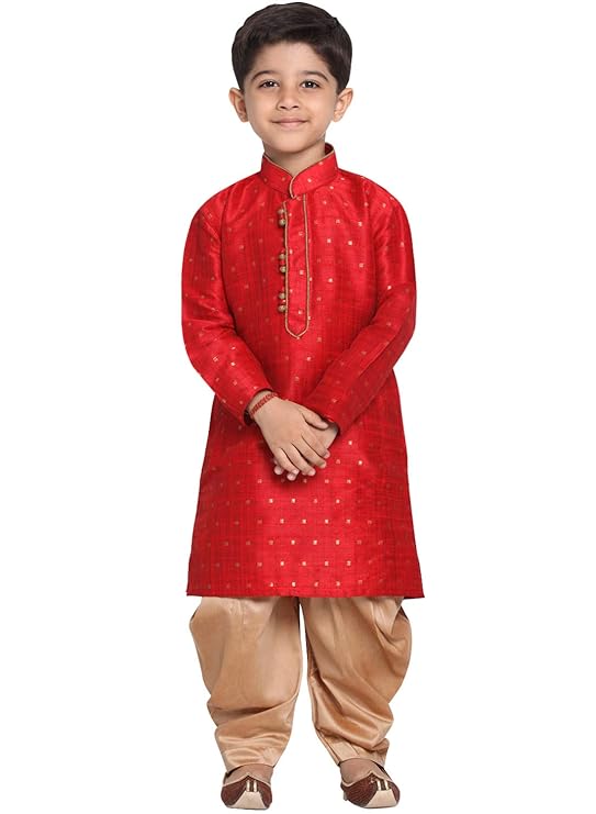 Boys' Maroon and Rose Gold Silk Blend Kurta and Dhoti Pant Set