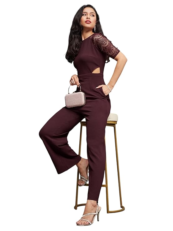 Chase Women's Half Sleeve Solid Waist Cut-Out Regular Length Pocketed Jumpsuit