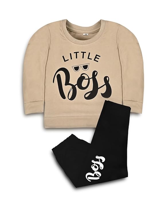 Creations Kids Dress for Boys | Printed Cotton Full Sleeve Sweatshirt and Pant Clothing Set Combo for Baby Boys-Beige