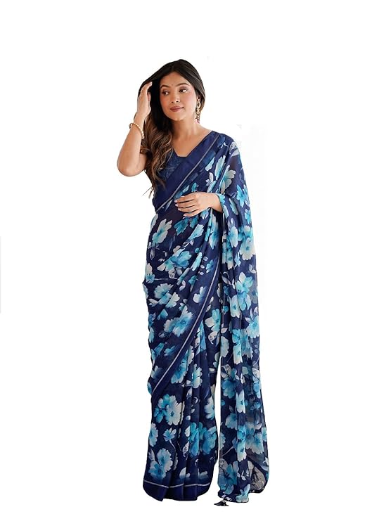 FASHION WITH RF Women's Latest Moss Soft Silk Floral Printed Saree with Blouse Piece