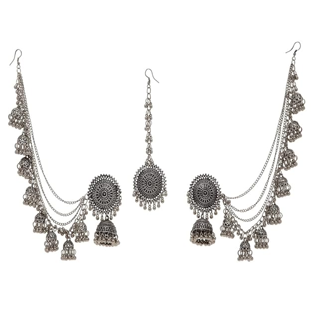 Latest Stylish Oxidised Maang Tikka Bahubali Jhumka Earrings for