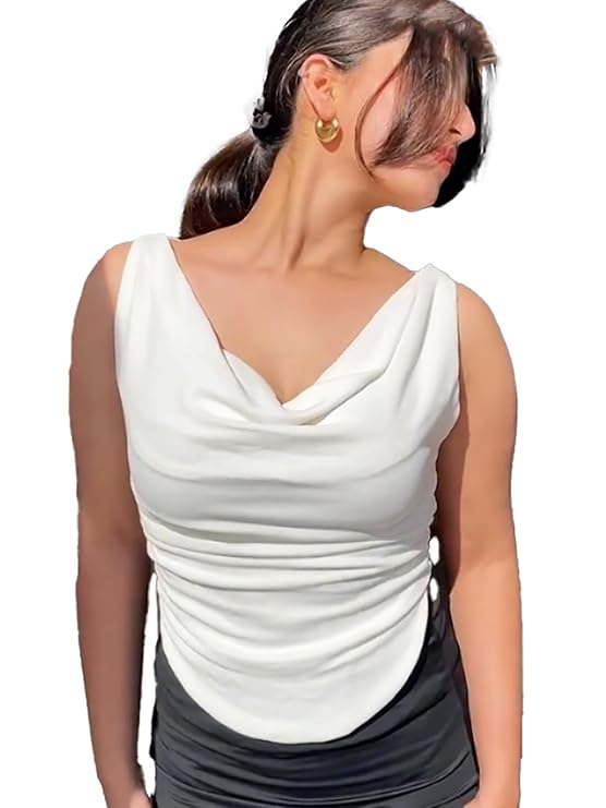 Women's Solid/Plain Asymmetric Hem Stretchable Draped Crop Top. Sleeveless, Single Shoulder, Off Shoulder, Cowl Neck, Crop Length