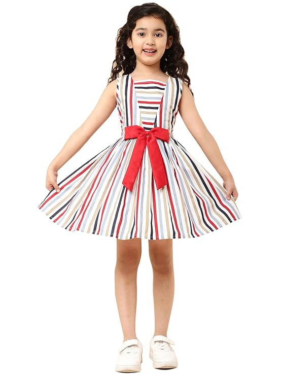 Girls Striped Knee Length Fit and Flare Dress | Sleeveless Party and Special Occasion Dress for Kids