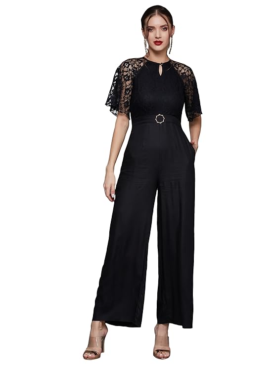 Women's Round Neck Flared Sleeve Floral Regular Jumpsuit with Pockets