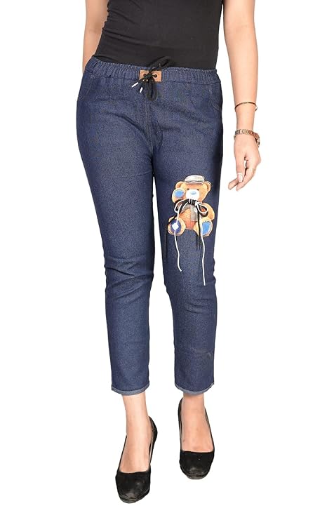 Girl's Denim Jogger Pants with Teddy Bear Design, Elastic Waist, Ankle Length, Dark Blue,Drawstring Pack of 1