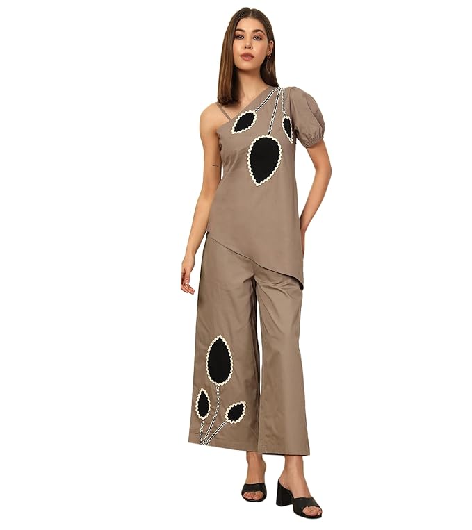 Cotton Asymmetric Tunic with Pants Women's Co-Ord Set|Puff Sleeves One Shoulder Long Length Regular Fit Summer Western Casual Wear Ladies Cord Set