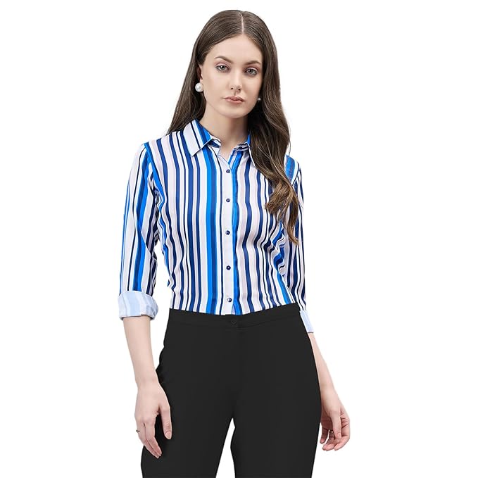 Women Stripe Printed Polyester Regular Fit Formal Shirt