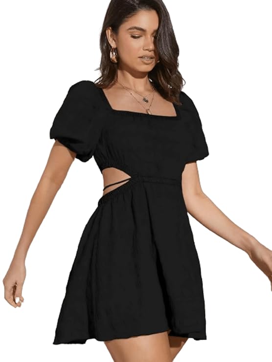 Solid Summer Beach Square Neck Puff Sleeve Cut Out Waist Mini Dress For Women's & Girls