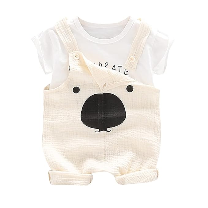 Blended Stripe Bear Panda Friends Cute Cartoon Print Half Sleeve Kid's T-Shirt With Dungaree Bibshorts For Baby Boy's & Girl