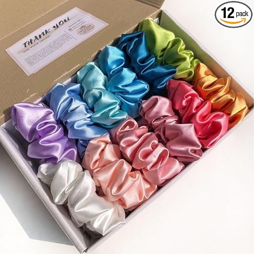 Satin Scrunchies, Anti-Hair-Breakage, Hair Ties, Scrunchies Set For Girls, Women, Best Gift For Sister, Mom, Friend, Random Colours (12 Pieces)