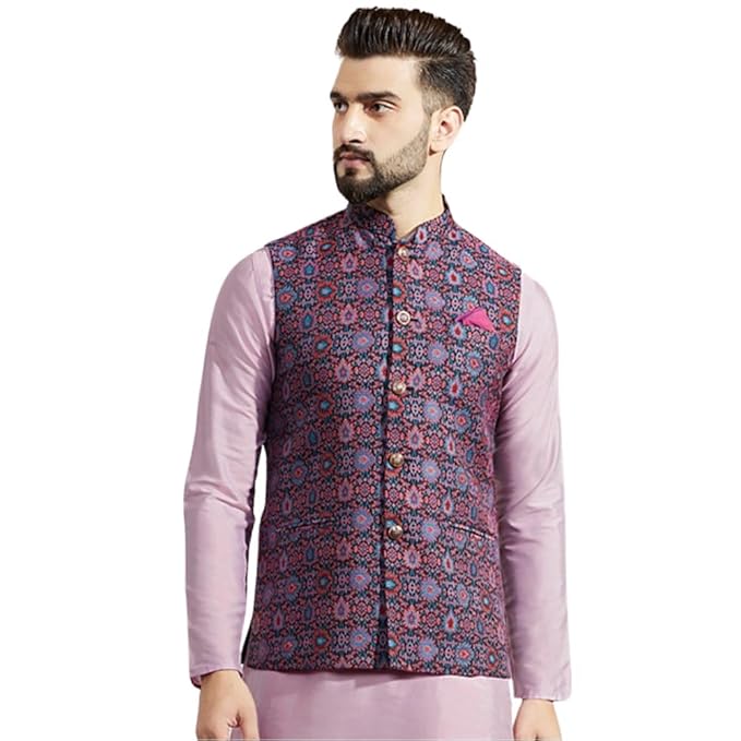 Men's Nehru Jacket, Multi Silk Blend, Woven Design Mandarin Collar Sleeveless Regular Fit