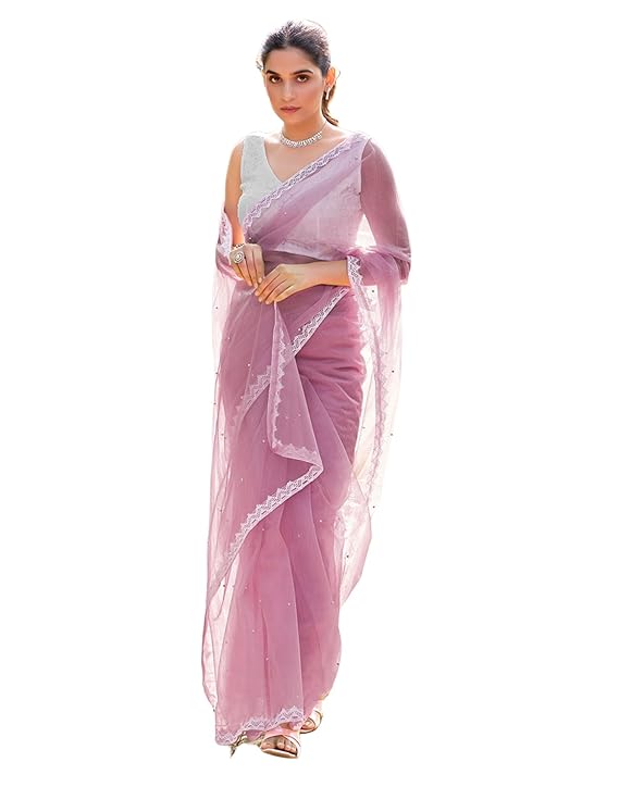 Women's Net Pearl Work Saree With Unstitched Blouse Piece