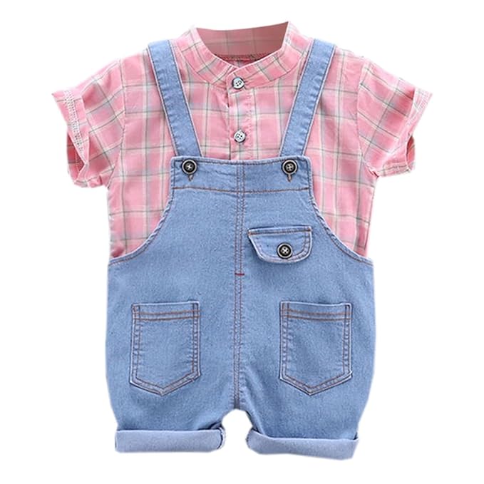 Boys Cotton Check Shirt And Dungaree Set In Green Color