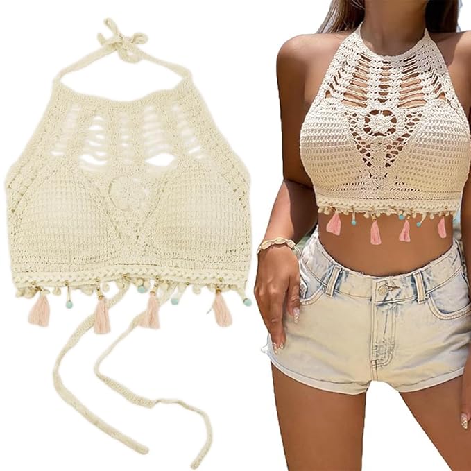 Women's Summer Beach Backless Crochet Halter Bikini Crop Top Crochet Hollow Out Tassle Embroidery Knit Boho Beachwear