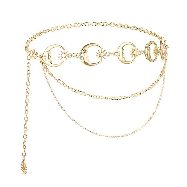Women for Saree,Adjustable 3 Layer Sun & Moon Element Hip Belt for Saree,Fashion Metal Gold Body Chain, Matched with Suits, saree