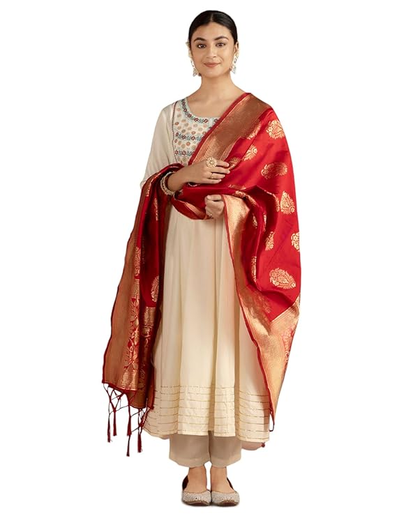 Kurta Set with Dupatta - Anarkali Style | Gown Length | Placement Neck Embroidery & Gota Border | Rich Brocade Dupatta | Straight Pant | Kurta Set For Women