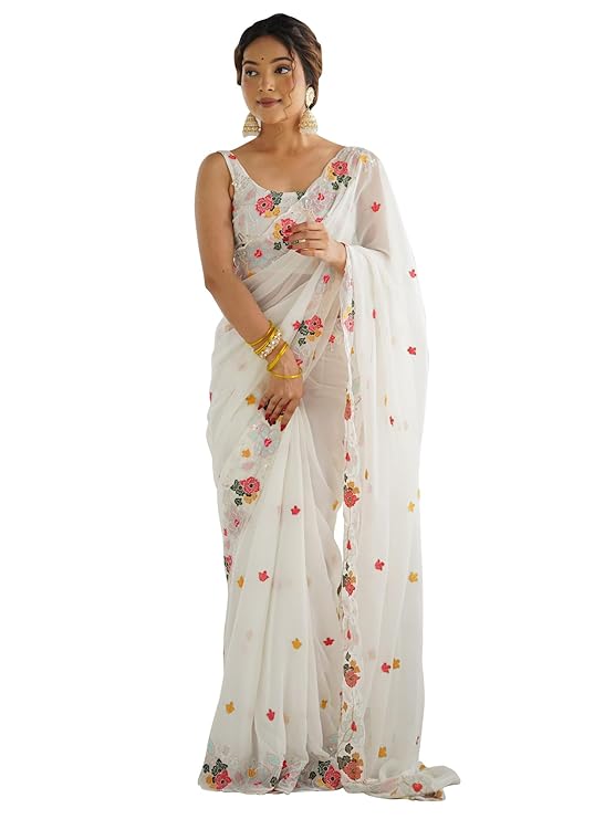 Women's Georgette Embroidered Saree With Unstitched Blouse