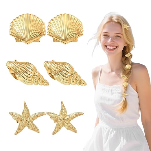 Hair Clips for Women Girls Small Metal Gold Starfish Seashell Clip Summer Holiday Hair Accessories for Beach Party
