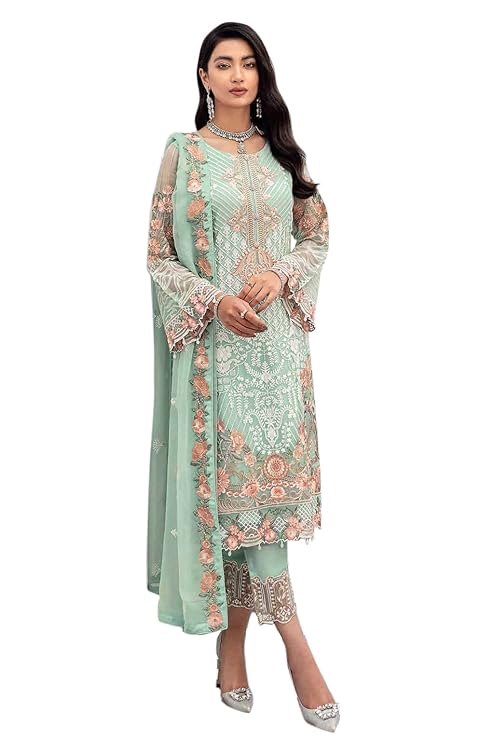 Georgette Semi Stitched Top With Unstitched Santoon Bottom and Nazmin Dupatta Embroidered Straight Top Dress Material