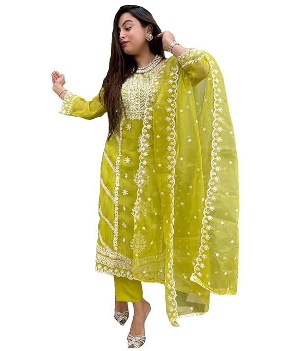 Women's Rayon Blend Straight Embroidered Kurta with Pant & Dupatta