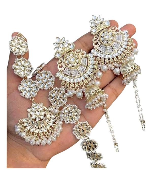 Gold Platted Kundan White Moti Ethnic Traditional Earrings Mang tikka and matha patti Sheeshphool dulhan wedding jewellery Combo set for Women and Girls.
