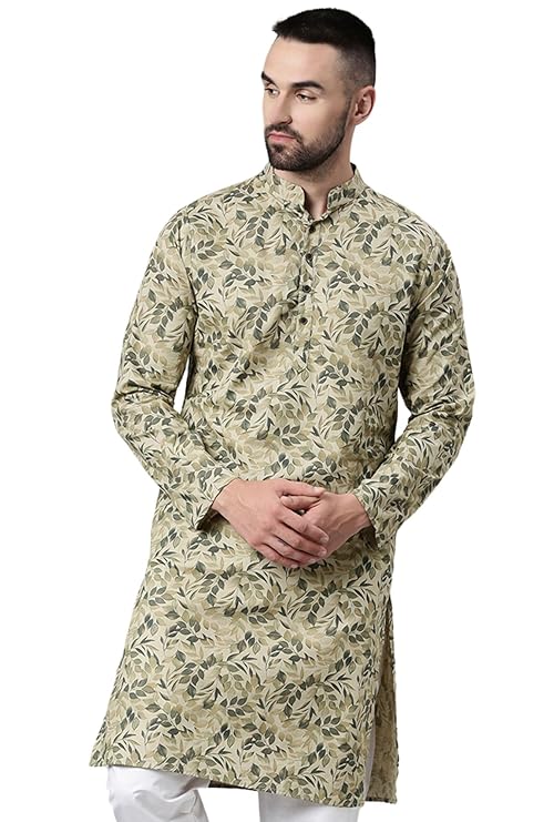 Man Men's Cotton Regular Fit Casual Mandarin Collar Ethnic Motifs Printed Long Regular Kurta