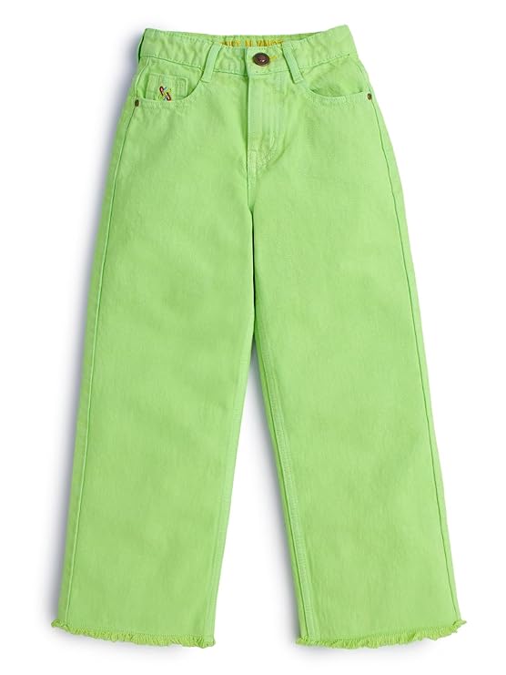 Girl's Kids Lime Fresh Green Wide Leg Flared Fit Relaxed Loose Colour High Waist Frayed Bottom Jeans |