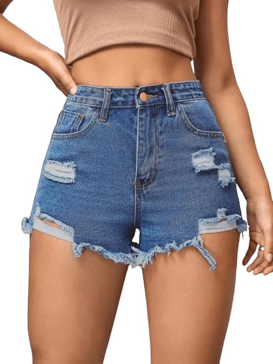 Solid High Waist Ripped Raw Trim Denim Shorts Casual Summer Shorts for Women's & Girls