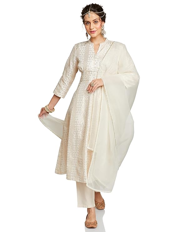Anarkali Kurta Set with Organza Dupatta in Chanderi Blend | Available in Plus Sizes