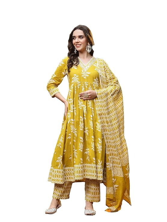 Women's Floral Printed Cotton Anarkali Kurta Pant Dupatta Set